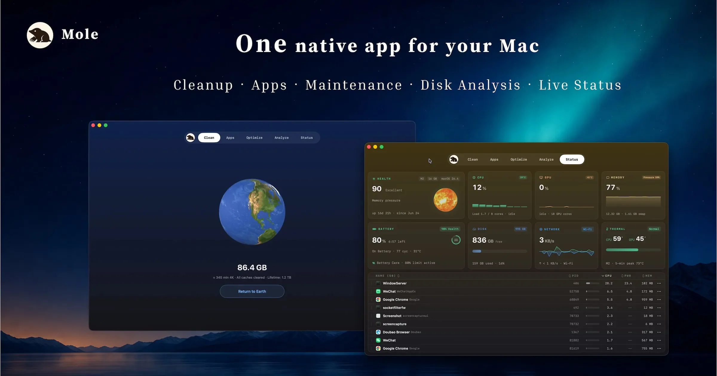 Mole Mac cleanup and system utility interface
