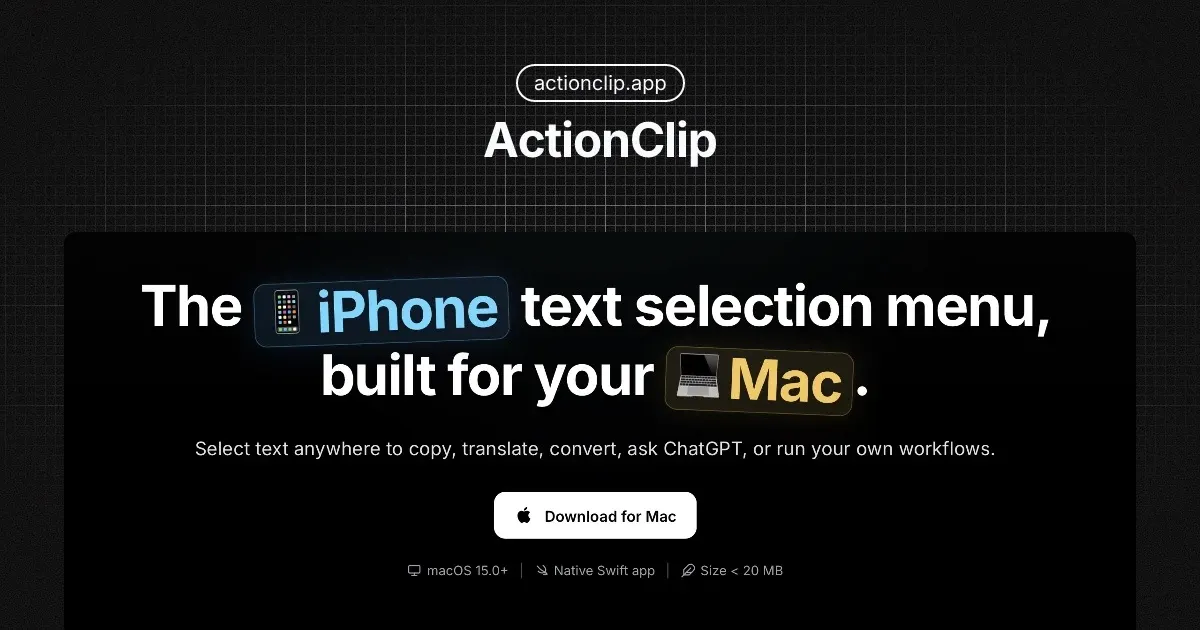 ActionClip selected-text action menu on a Mac
