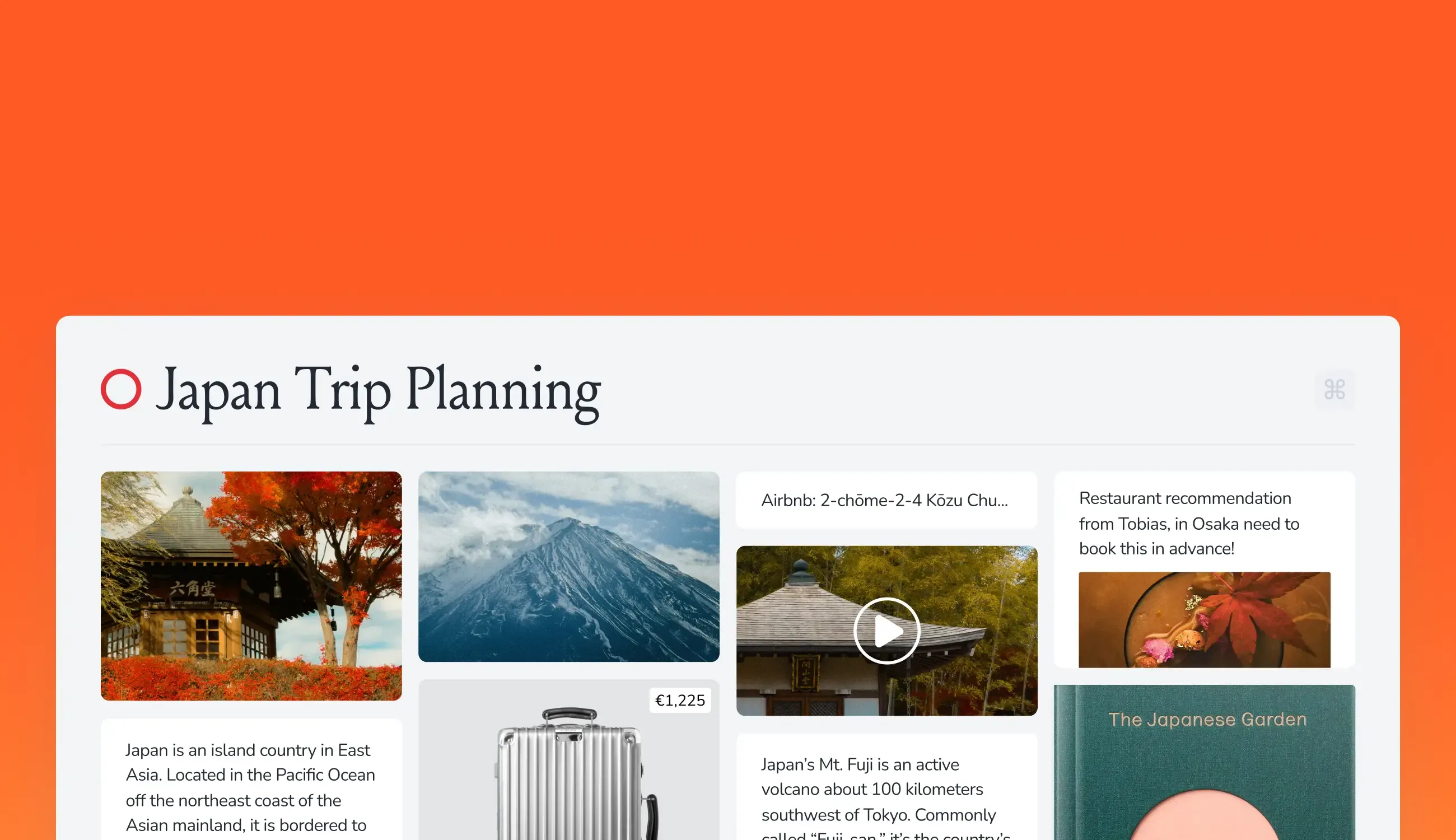 mymind visual library with saved images, notes, and links for a Japan trip