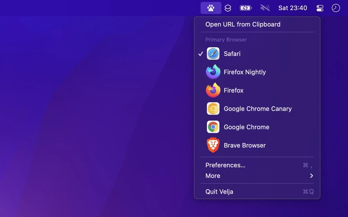 Velja settings for selecting browsers and link behavior