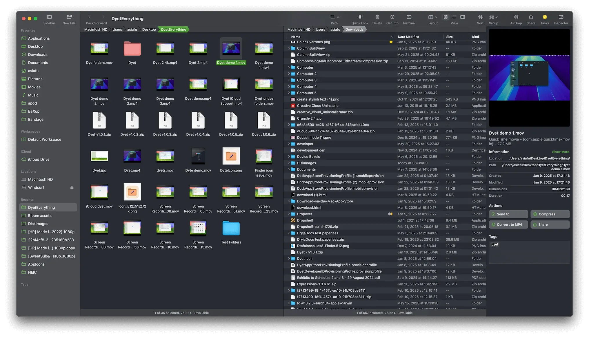Bloom file manager in a dual-pane workspace with an inspector