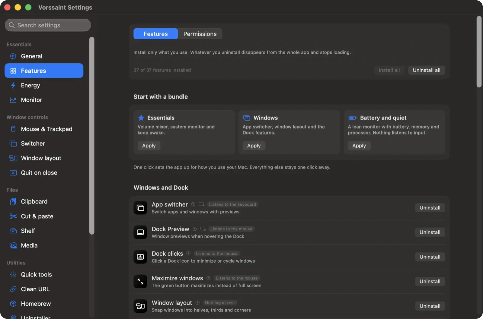 Vorssaint Features settings showing utility bundles and window controls
