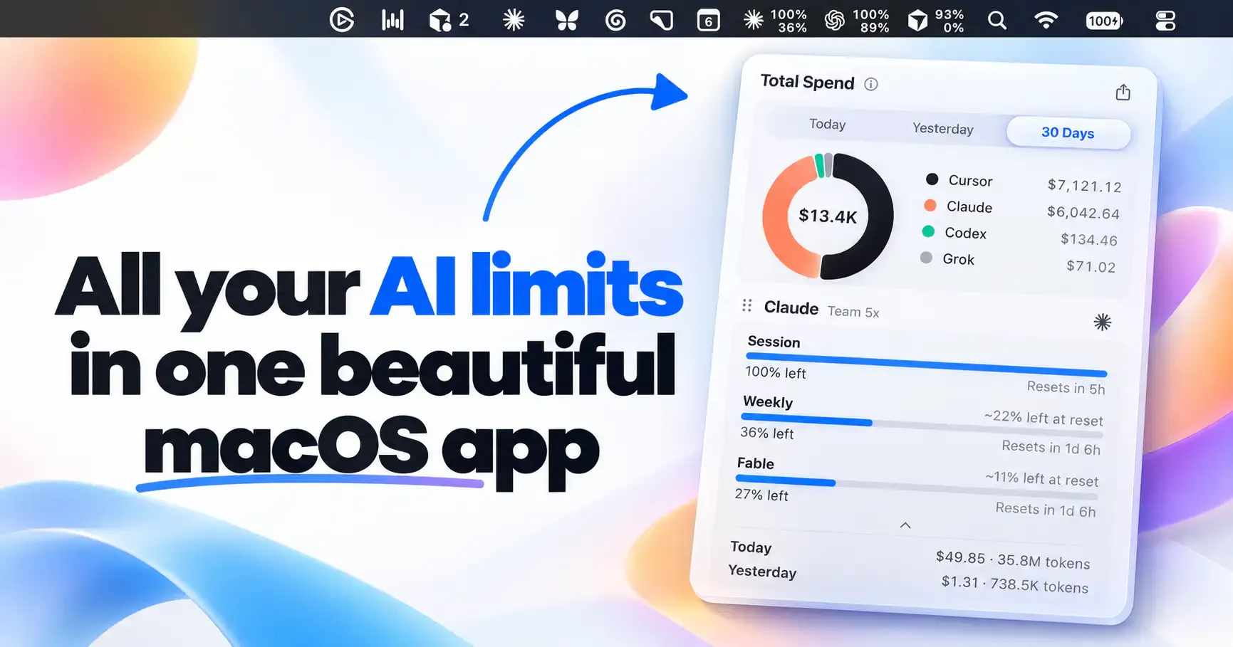 OpenUsage showing AI subscription limits and total spend in its macOS menu-bar dashboard