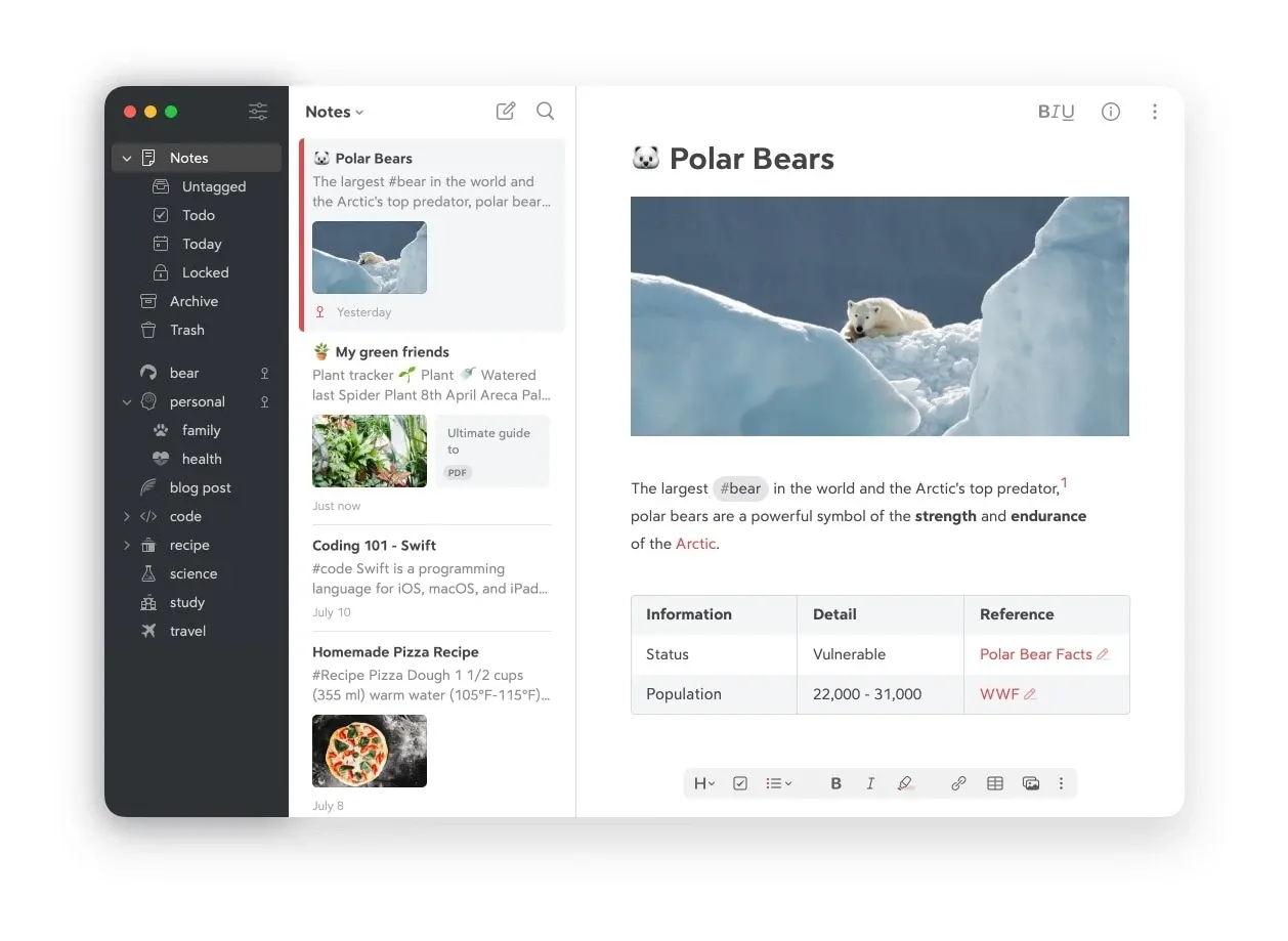 Bear note editor and tag library on a Mac